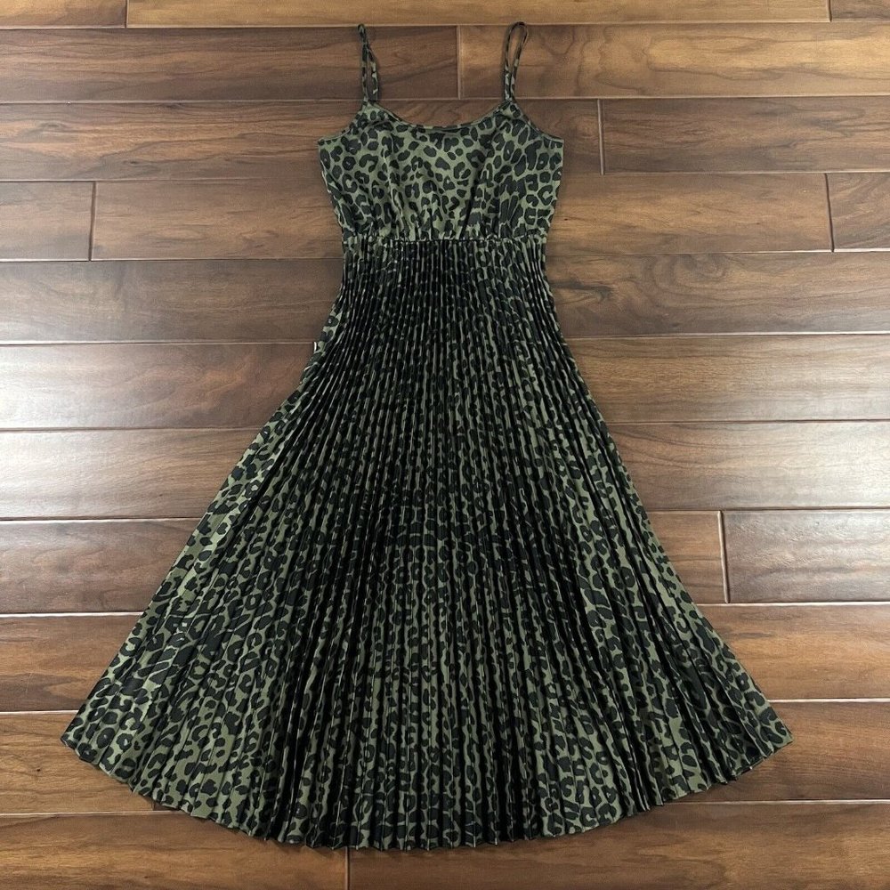 AllSaints Size Small Green Black Leopard Print Leowa Midi Accordion Dress
